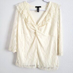 Apostrophe Womens Top Ivory Lace Sleeveless Ruched V Neck Lined Pleated Sz L